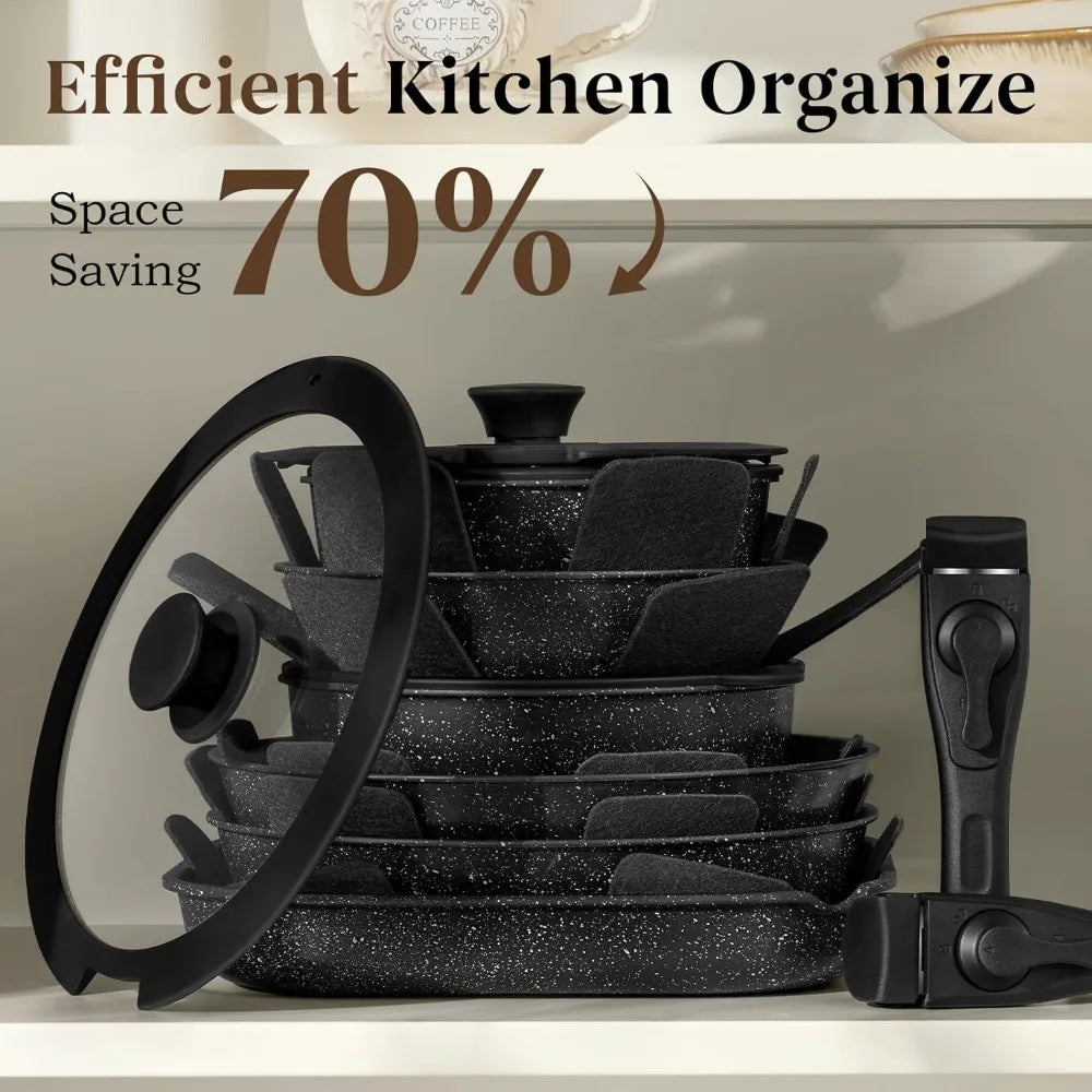 Set of black cookware with space-saving text overlay on a neutral background