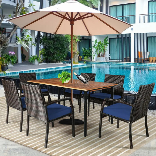 7Pcs Patio Rattan Cushioned Dining Set with Umbrella Hole-Navy - Navy - Patio Dining Sets