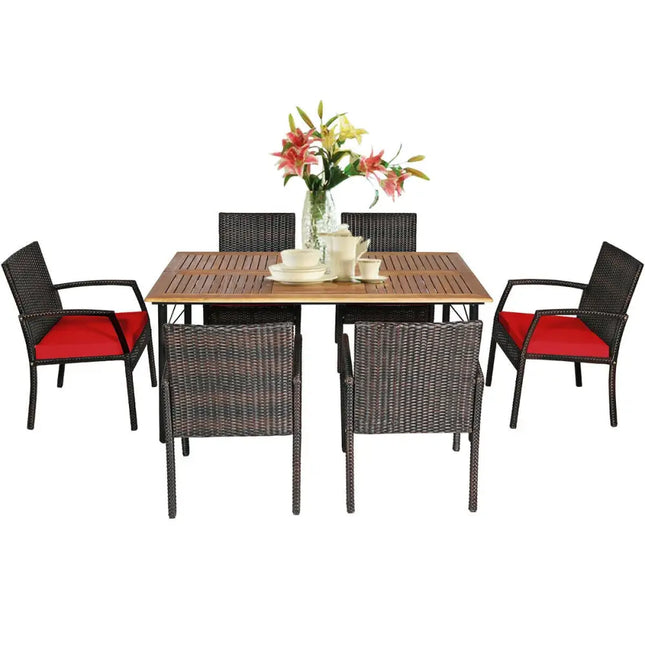 7Pcs Patio Rattan Cushioned Dining Set with Umbrella Hole-Red - Red - Patio Dining Sets