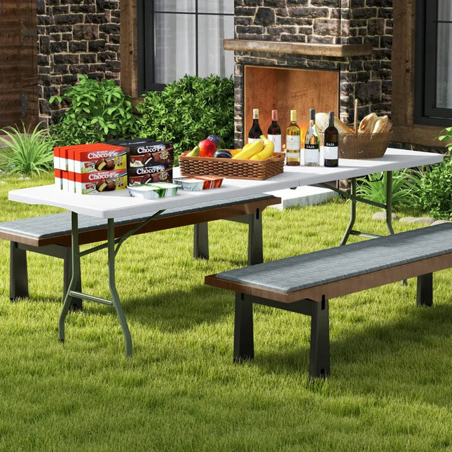 8 ft Portable Folding Table 350 LBS Fold-in-Half Table with HDPE Tabletop-White - White - Camping Furniture