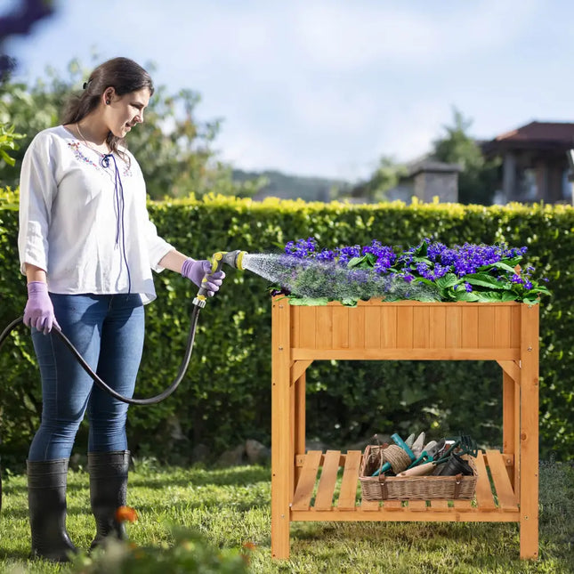 8 Grids Wood Elevated Garden Planter Box Kit with Liner and Shelf - Natural - Raised Garden Beds
