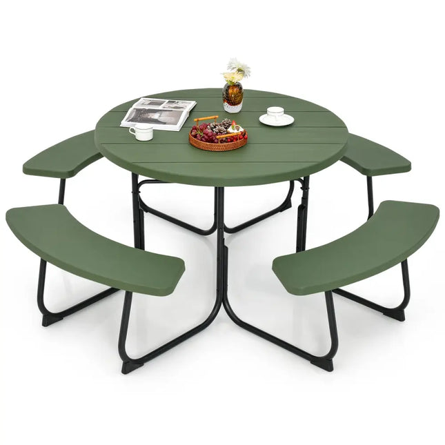 8-Person Outdoor Picnic Table and Bench Set with Umbrella Hole-Green - Green - Picnic Tables