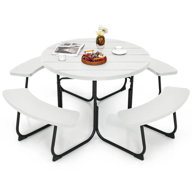 8-Person Outdoor Picnic Table and Bench Set with Umbrella Hole-White - White - Picnic Tables
