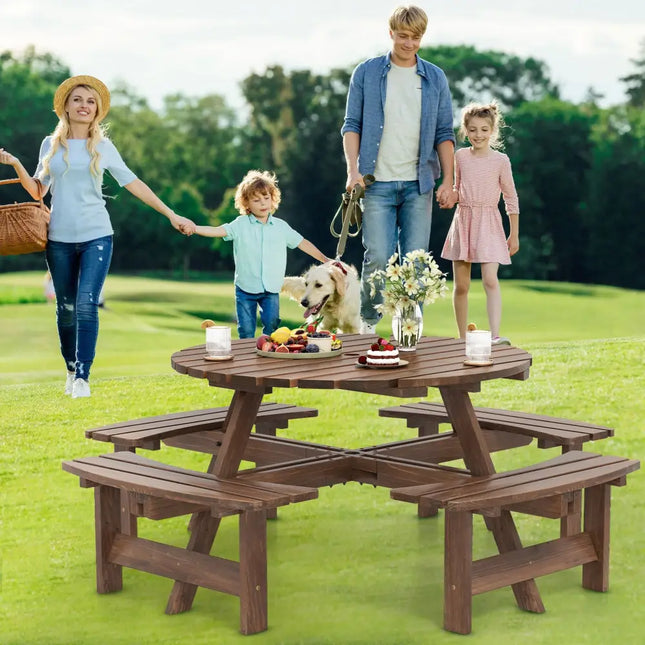 8-Person Round Picnic Table Set Circular Patio Dining Camping Table with Benches-Brown - Brown - Patio Dining Sets