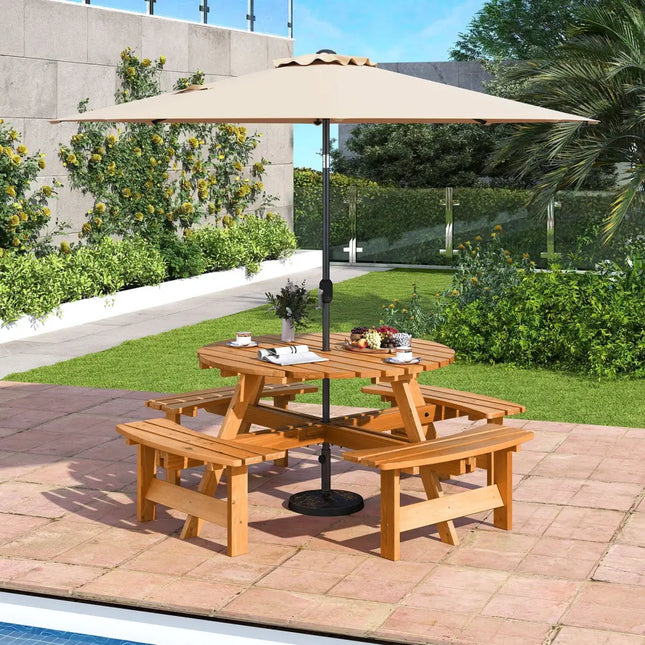 8-Person Round Picnic Table Set Circular Patio Dining Camping Table with Benches-Yellow - Yellow - Patio Dining Sets
