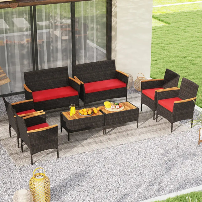 8 Piece Patio Wicker Sofa Set 4 Rattan Chairs and 2 Loveseat with 2 Table-Red - Red - Patio Conversation Sets