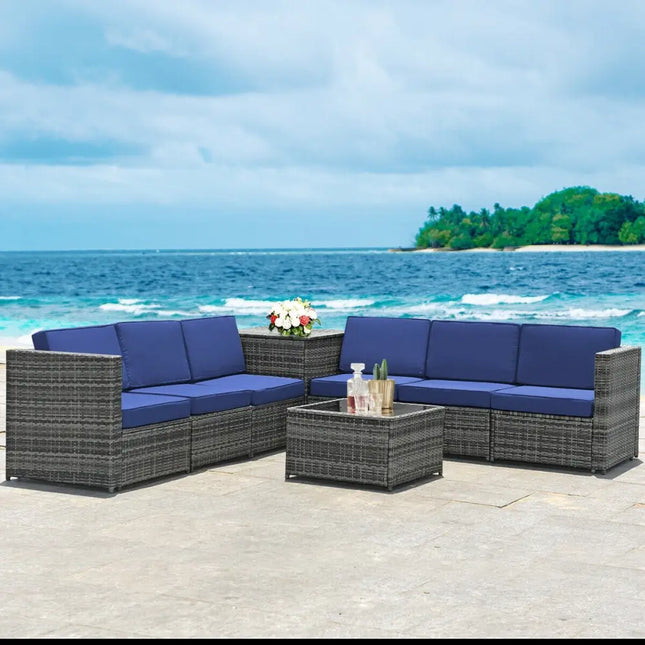 8 Piece Wicker Sofa Rattan Dinning Set Patio Furniture with Storage Table-Navy - Navy - Outdoor Sectionals