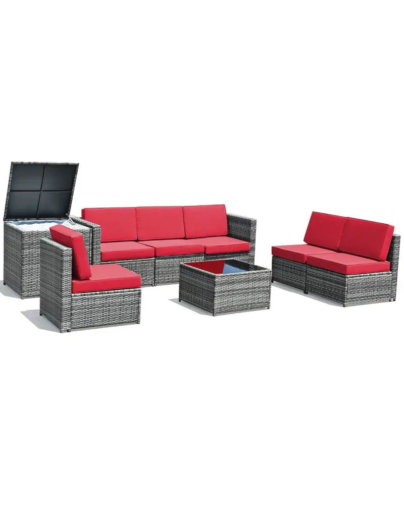 8 Piece Wicker Sofa Rattan Dinning Set Patio Furniture with Storage Table-Red - Red - Outdoor Sectionals