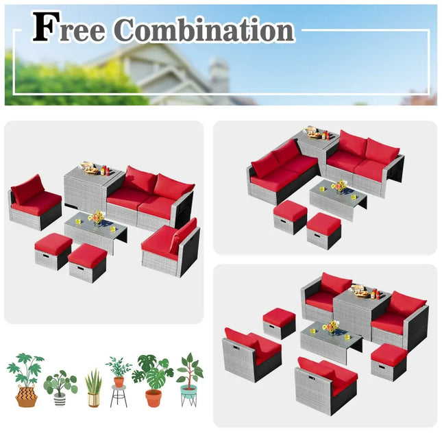 8 Pieces Patio Rattan Furniture Set with Storage Waterproof Cover and Cushion-Red - Red - Outdoor Sectionals