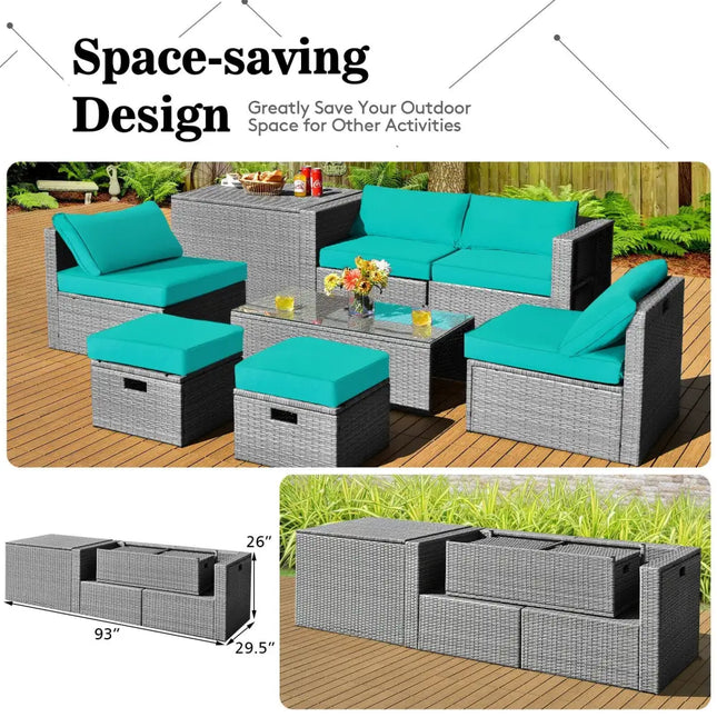 8 Pieces Patio Rattan Furniture Set with Storage Waterproof Cover and Cushion-Turquoise - Turquoise - Outdoor Sectionals