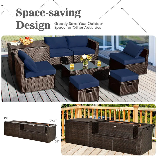 8 Pieces Patio Space-Saving Rattan Furniture Set with Storage Box and Waterproof Cover-Navy - Navy - Outdoor Sectionals
