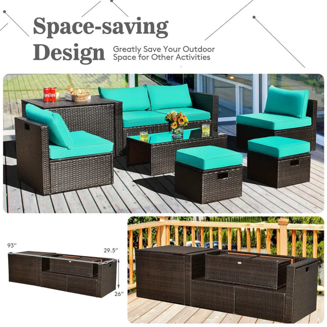 8 Pieces Patio Space-Saving Rattan Furniture Set with Storage Box and Waterproof Cover-Turquoise - Turquoise - Outdoor