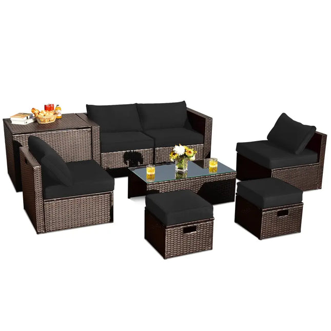 8 Pieces Patio Space-Saving Rattan Furniture Set with Storage Box and Waterproof Cover-Black - Black - Outdoor