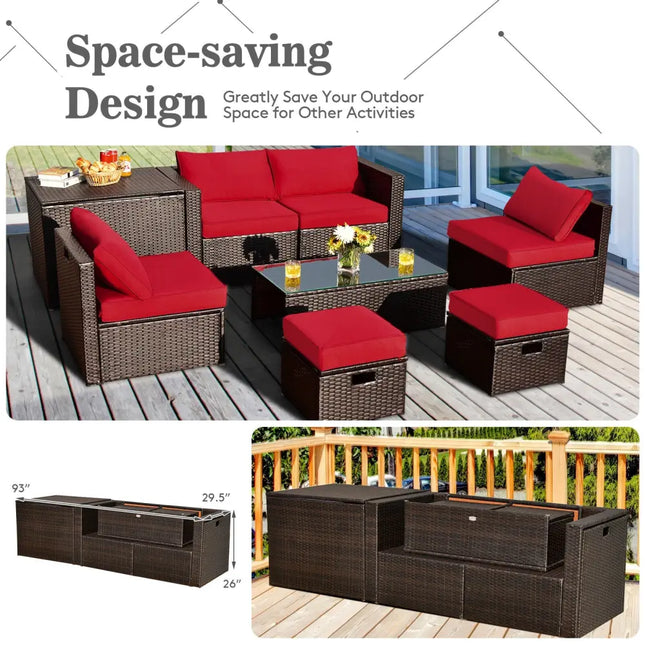 8 Pieces Patio Space-Saving Rattan Furniture Set with Storage Box and Waterproof Cover-Red - Red - Outdoor Sectionals