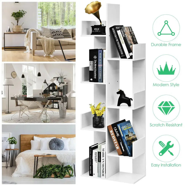 8-Tier Bookshelf Bookcase with 8 Open Compartments Space-Saving Storage Rack -White - White - Bookcases