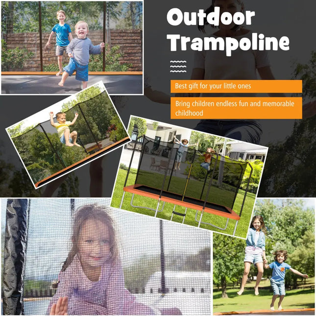 8 x 14 Feet Rectangular Recreational Trampoline with Safety Enclosure Net and Ladder-Orange - Orange - Trampolines