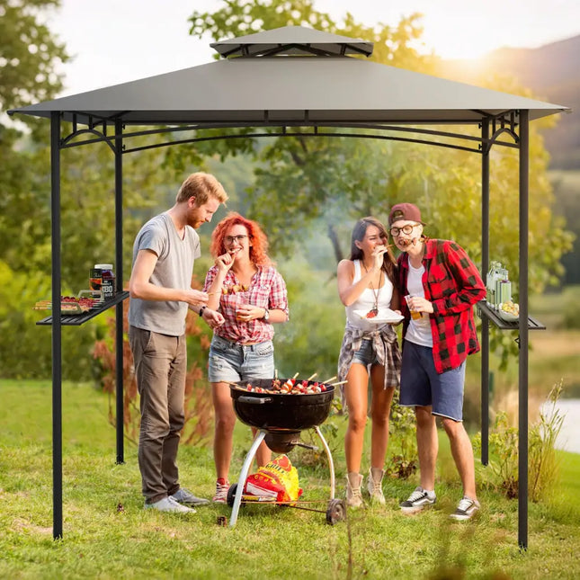 8 x 5 Feet Grill Gazebo with 2 Shelves 6 Hooks and Metal Frame-Gray - Gray - Gazebos