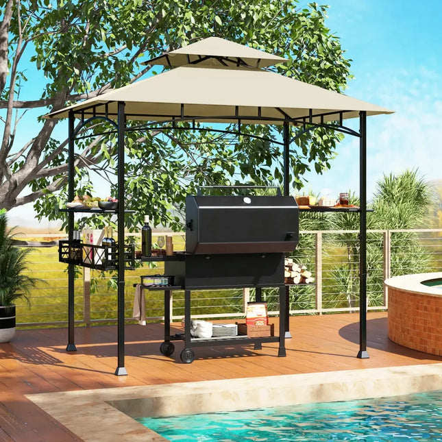 8 x 5 Feet Outdoor Grill Gazebo with 2 Side Shelves and 10 Hooks-Beige - Beige - Gazebos