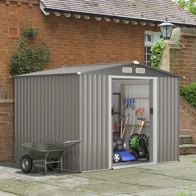 8 x 6 Feet Galvanized Steel Storage Shed for Garden Yard-Gray - Gray - Sheds & Outdoor Storage