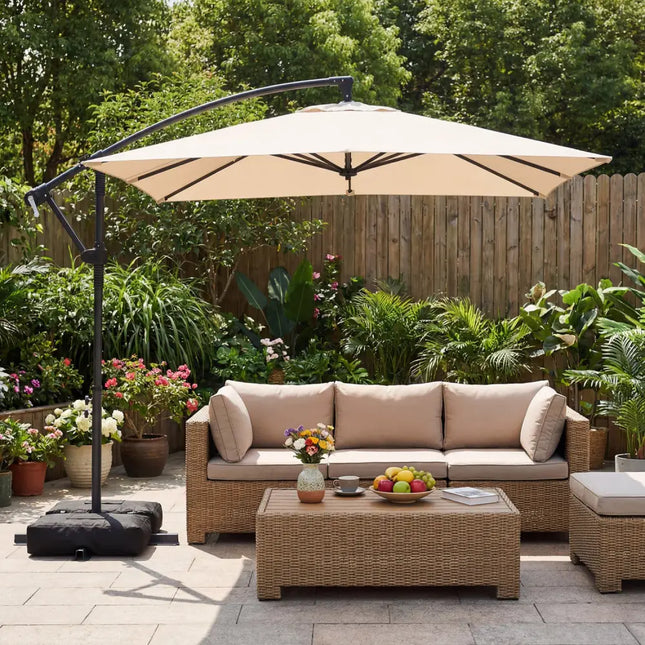 8 x 8 FT Offset Cantilever Patio Umbrella Square Hanging Outdoor Market Umbrella with 360° Rotation-Beige - Beige