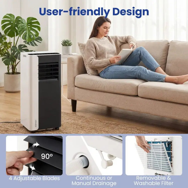 Woman reading on a couch with an air conditioner in the foreground, highlighting user-friendly design features.