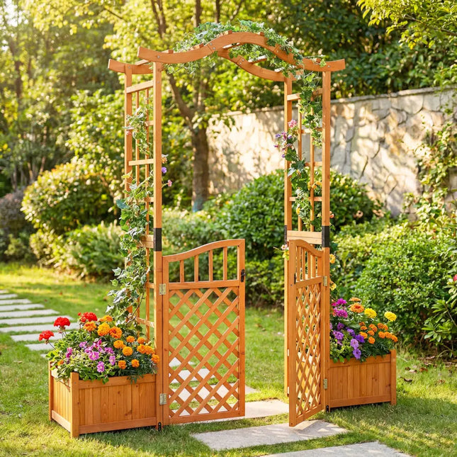 83’’ Garden Arbor with Gate and 2 Planter Boxes-Yellow - Yellow - Outdoor Decor