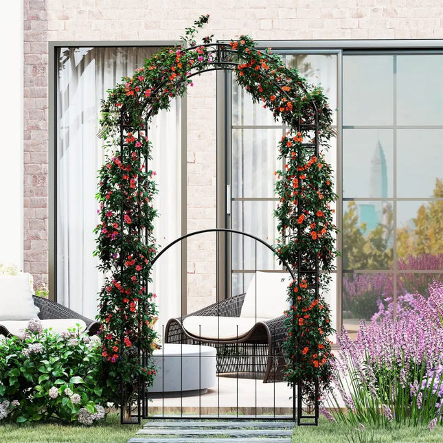 84 Inch Tall Garden Arch Metal Arbor Archway with Gate - Black - Outdoor Decor