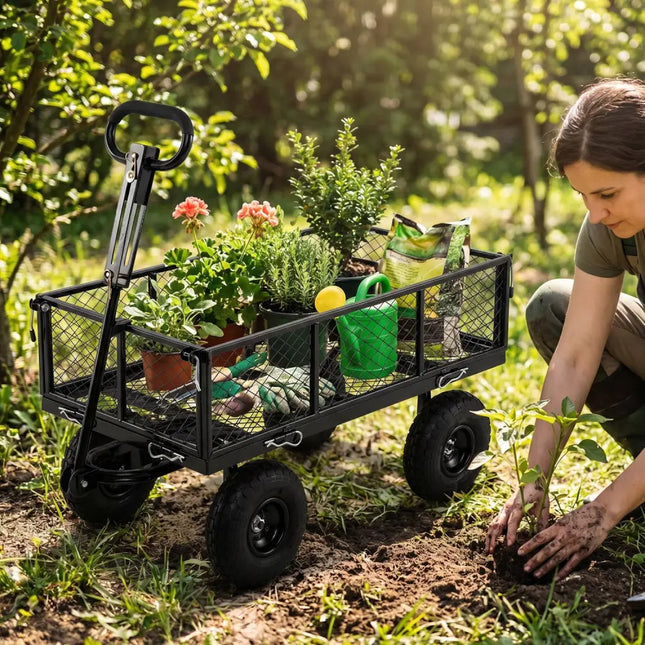 880 lbs Utility Wagon Flatbed with Removable Oxford Cloth Liner-Black - Black - Garden Carts