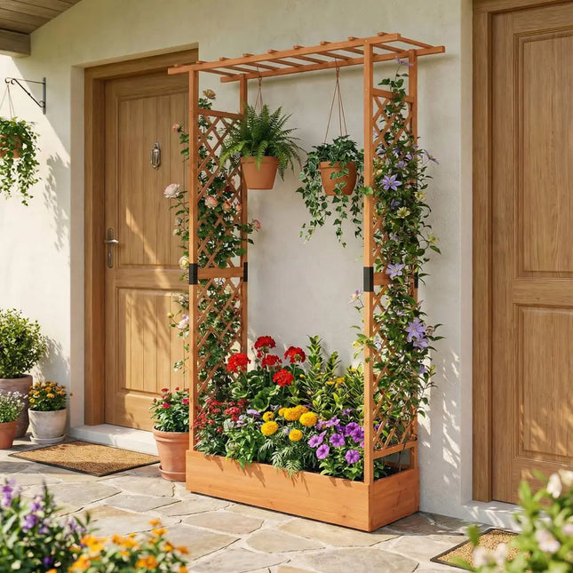 89 Inch Tall Wooden Raised Garden Bed with Side Trellis and Hanging Roof Drainage Holes-Orange - Orange - Raised Garden