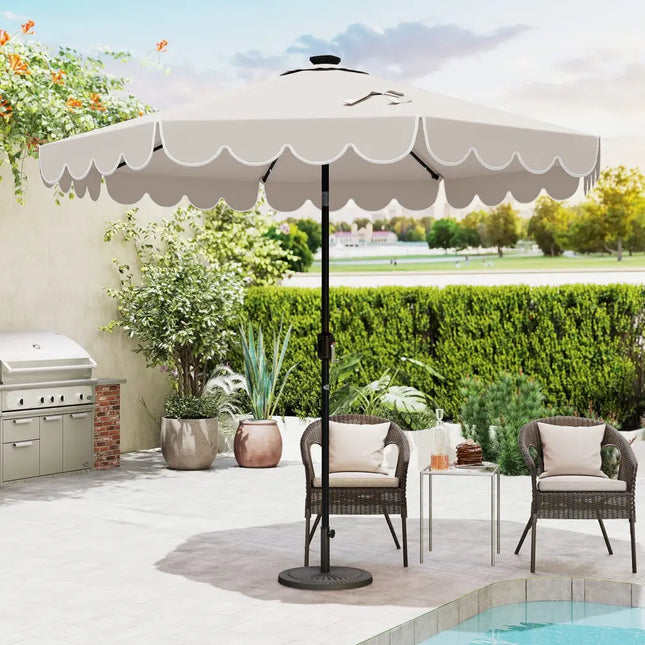9.3 Feet Solar Patio Umbrella with 24 LED Lights Vented Top and Ruffles-Beige - Beige - Outdoor Umbrellas