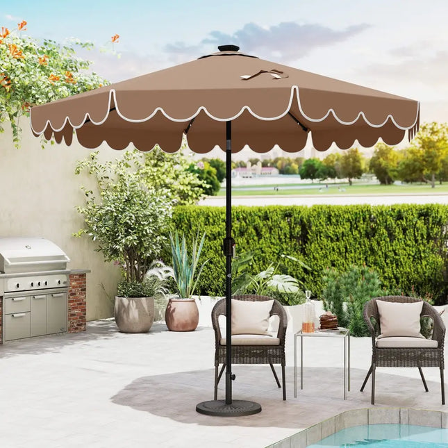 9.3 Feet Solar Patio Umbrella with 24 LED Lights Vented Top and Ruffles-Coffee - Coffee - Outdoor Umbrellas