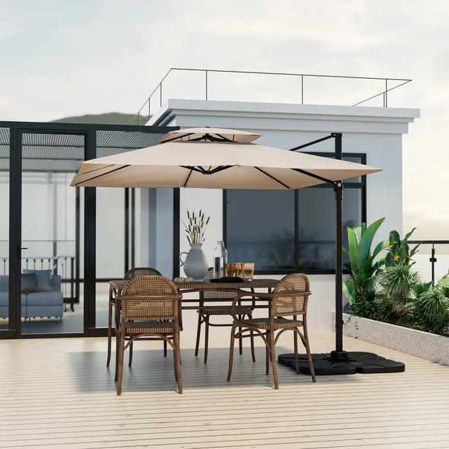 9.5 Feet Cantilever Patio Umbrella with 360° Rotation and Double Top-Beige - Beige - Outdoor Umbrellas