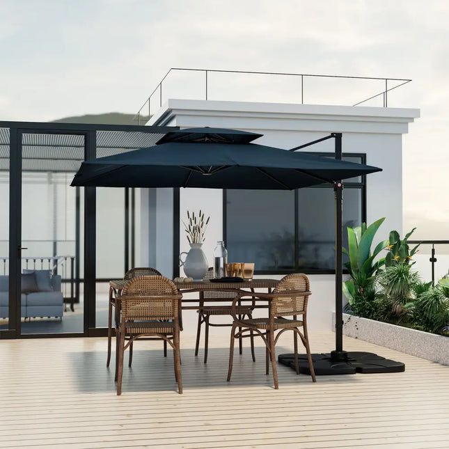 9.5 Feet Cantilever Patio Umbrella with 360° Rotation and Double Top-Navy - Navy - Outdoor Umbrellas