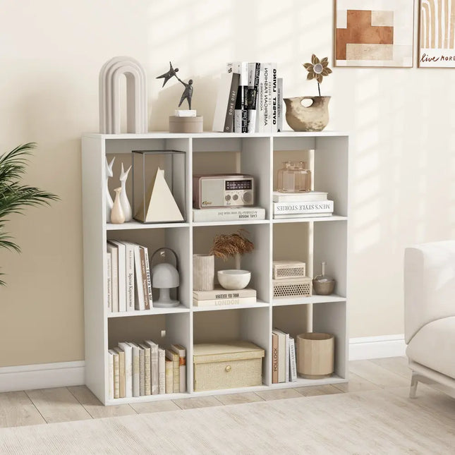 9 Cube Bookshelf with Back Guardrail for Living Room Bedroom-White - White - Bookcases
