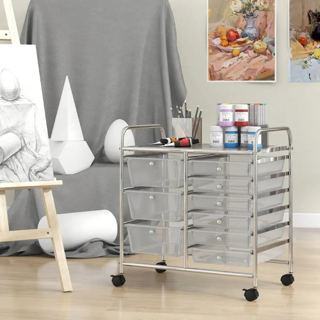 9-Drawer Rolling Storage Cart with Colorful Drawers and Metal Frame-Transparent - Transparent - File Cabinets