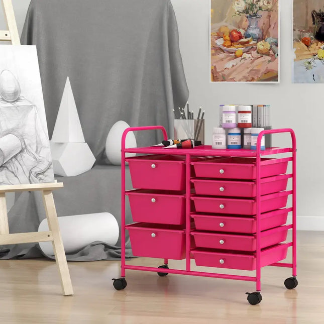 9-Drawer Rolling Storage Cart with Colorful Drawers and Metal Frame-Light Pink - Light Pink - File Cabinets