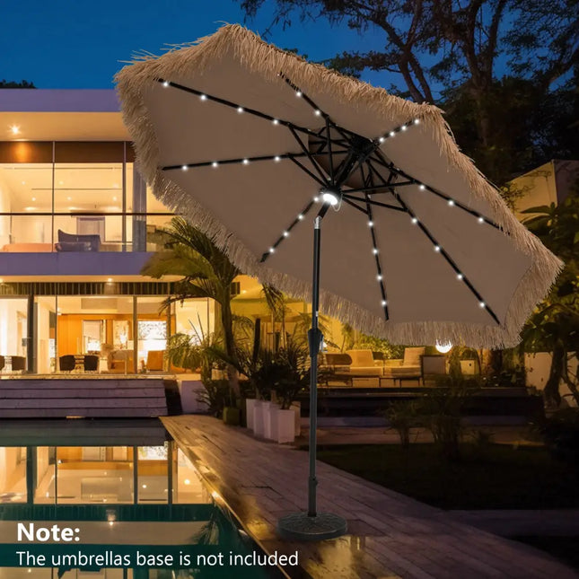 9 Feet Solar Powered Thatched Tiki Patio Umbrella with Led Lights - Natural - Outdoor Umbrellas