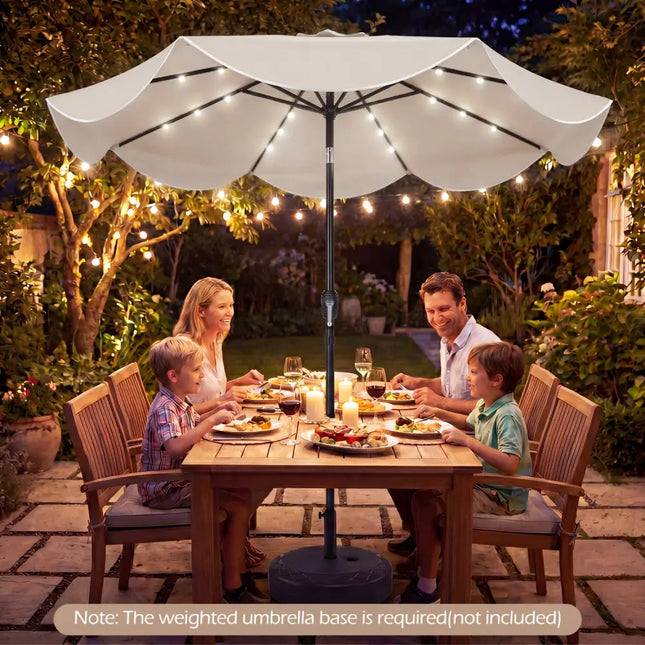 9 FT Scalloped Solar Patio Umbrella Market Table Umbrella with 24 LED Lights-Beige - Beige - Outdoor Umbrellas