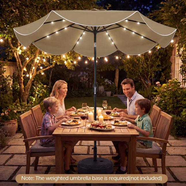 9 FT Scalloped Solar Patio Umbrella Market Table Umbrella with 24 LED Lights-Tan - Tan - Outdoor Umbrellas