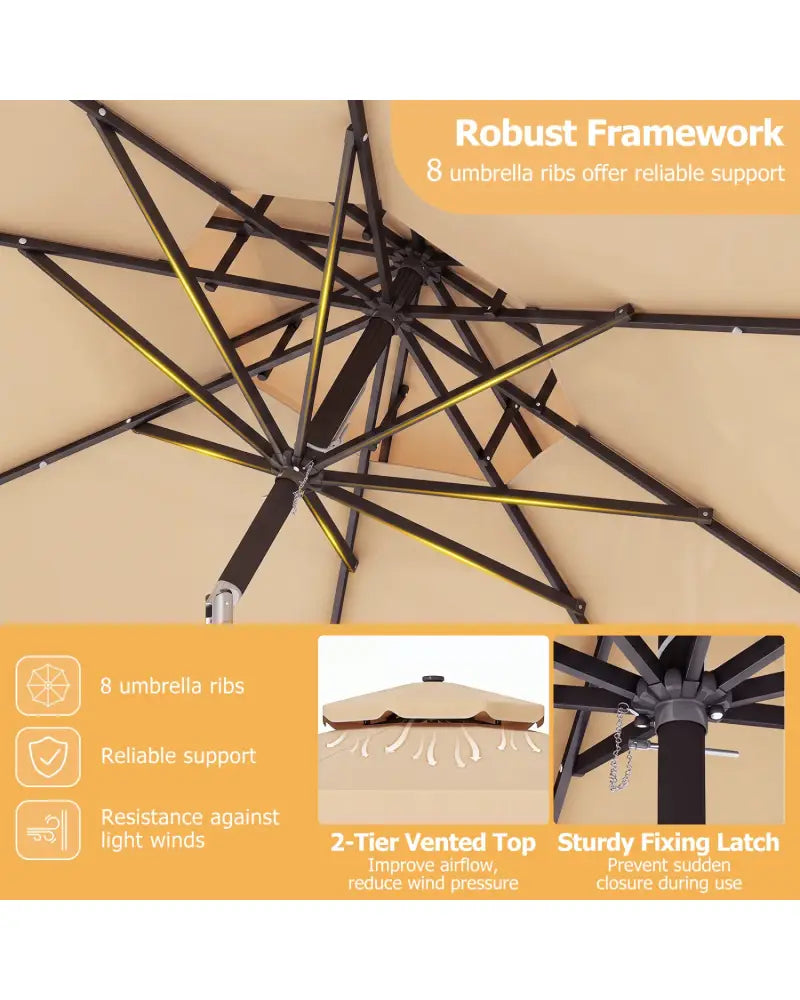 9 FT Solar LED Patio Umbrella Push-Button Tilt and Crank 24 LED Lights and 8 Ribs-Beige - Beige - Outdoor Umbrellas
