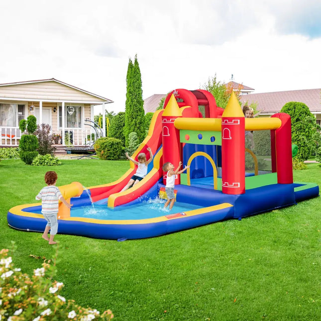 9-in-1 Inflatable Bounce Castle with Water Slide and Splash Pool with 735W Blower - Multicolor - Inflatable Water Slides