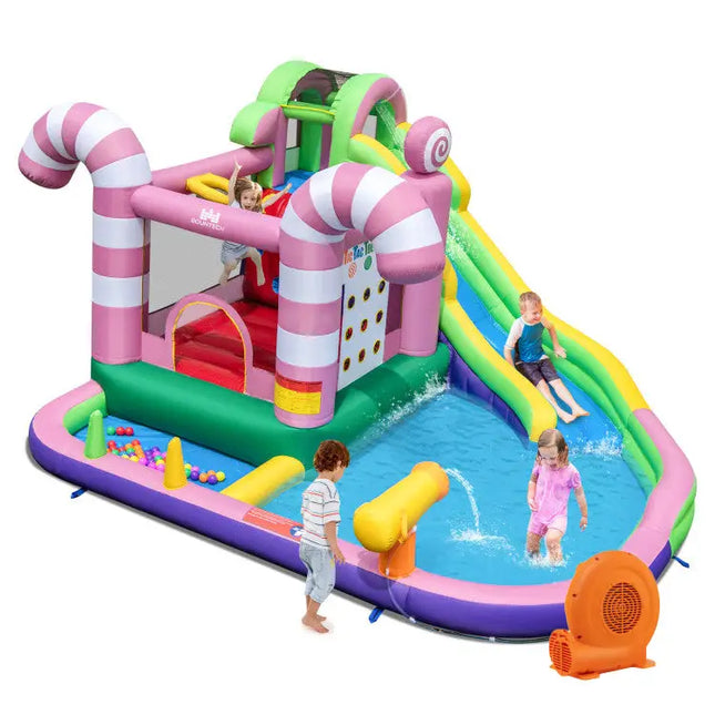 9-in-1 Inflatable Sweet Candy Water Slide Park with 680W Blower - Pink - Inflatable Water Slides
