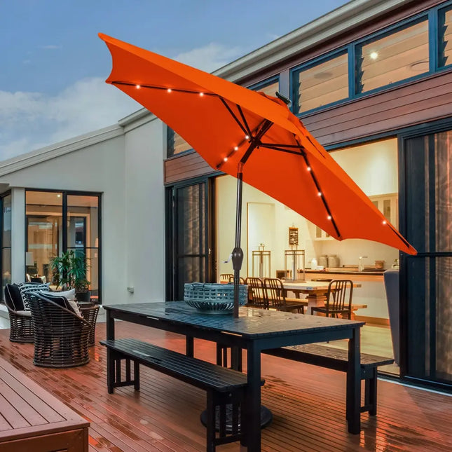 9 Inch Solar LED Lighted Patio Market Umbrella Tilt Adjustment Crank Lift-Orange - Orange - Outdoor Umbrellas
