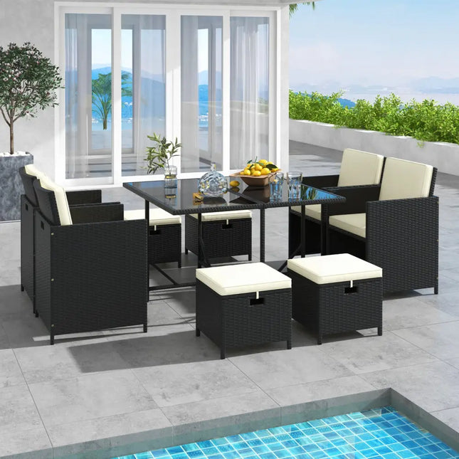 9 PCS Outdoor Dining Furniture Set with Tempered Glass Table and Ottomans-White - White - Patio Dining Sets