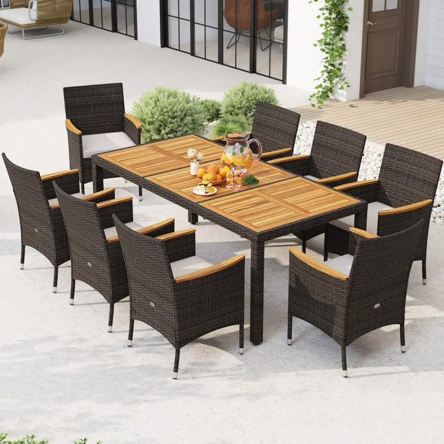 9 Piece Outdoor Dining Set with Acacia Wood Table Top-Beige - Beige - Patio Dining Sets