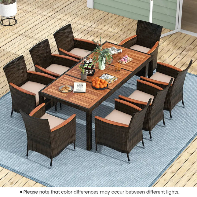 9 Piece Outdoor Dining Set with Umbrella Hole - Beige - Patio Dining Sets
