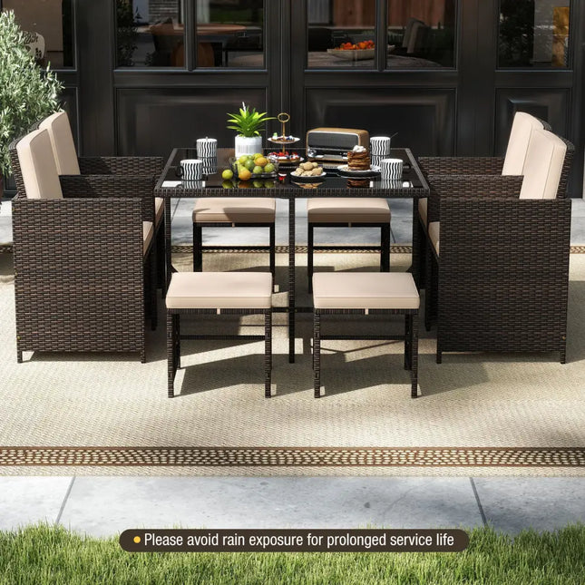 9 Piece Patio Dining Set with Tempered Glass Table and Ottoman-Beige - Beige - Patio Conversation Sets