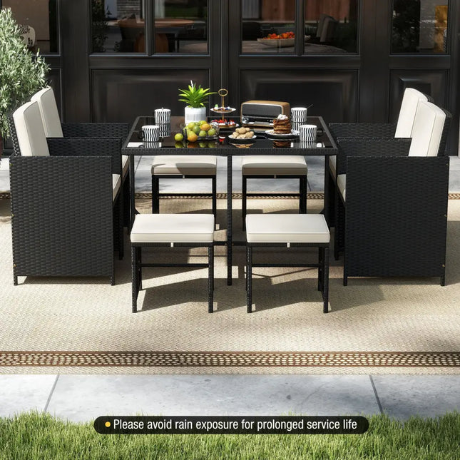 9 Piece Patio Dining Set with Tempered Glass Table and Ottoman-White - White - Patio Conversation Sets