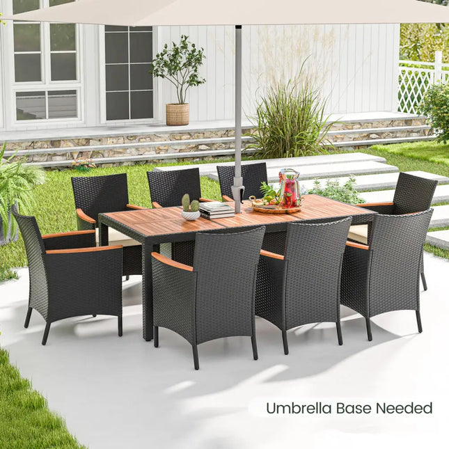 9 Pieces Outdoor Dining Set with Acacia Wood Tabletop - Beige - Patio Dining Sets