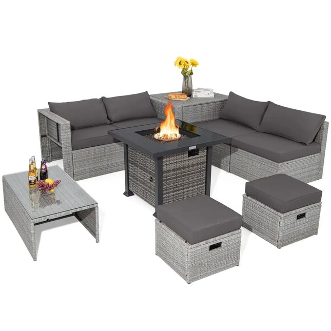 9 Pieces Outdoor Patio Furniture Set with 32-Inch Propane Fire Pit Table-Gray - Gray - Outdoor Sectionals